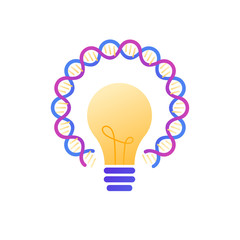 Genetic science idea concept. Vector flat color illustration. Light bulb with DNA gene helix sign isolated on white. Design element for scientific and medival banner, poster, ui, background, logo.