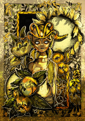 Fairytale character, mysterious and magic creature, flower elf, with big eyes, sharp ears, a crown and small horns on the head, among the large magic flowers and leaves in a forest. Patterns, graphic.