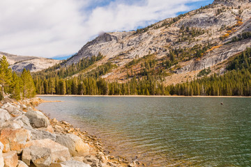 Fototapeta premium Views of the water and surroundings of Lake Tenaya at one of the entrances to Yosemite National Park, California, USA