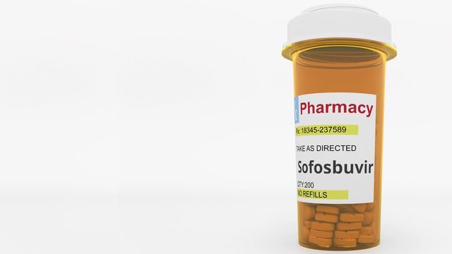 Pharmacy vial with sofosbuvir generic drug pills as a possible COVID-19 novel coronavirus disease treatment. 3D animation