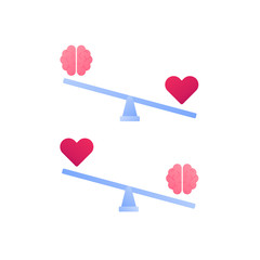 Mind and emotion intelligence concept. Vector flat illustration set. Human brain and heart shape on libra isolated on white background. Psychology health balance. Design element for banner, ui, logo