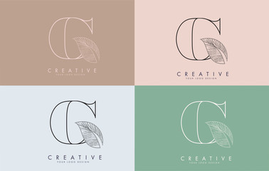 Outline Letter G Logo icon with Wired Leaf Concept Design on colorful backgrounds.