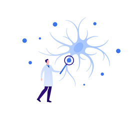 Neurology science and brain research concept. Vector flat person illustration. Male scientist studying neuron sign with magnifier. Design element for medical banner, web ui, psychology infographic.
