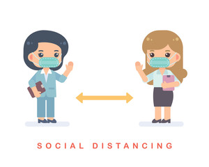 Social distancing concept. The Businesswomen wear the protective masks, greeting and keeping distance to protect from COVID-19 Coronavirus. Vector flat design illustration on white background.