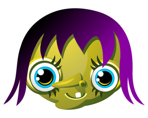 Funny green witch with a little smile, a pointy nose, a single tooth, big blue eyes with eyelashes and purple hair. Can represent Halloween, October, witchcraft, magic spells, sorcery, ugliness.