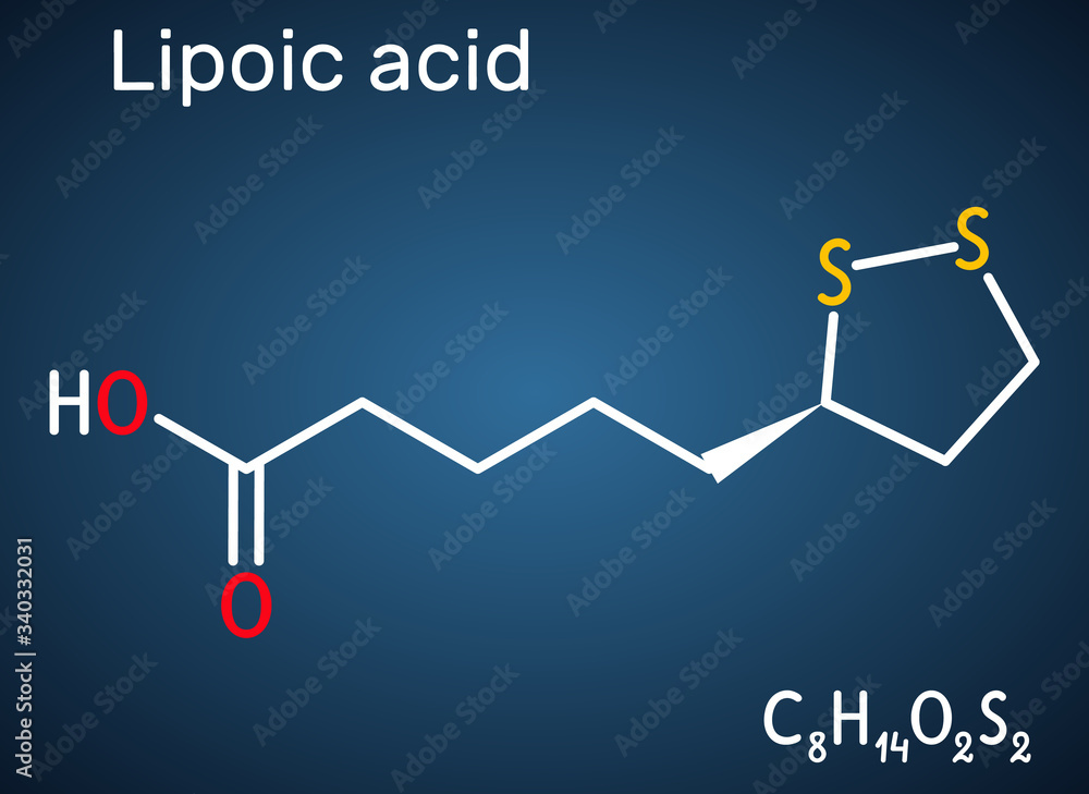 Poster Lipoic acid, LA, ALA,  alpha lipoic, thioctic acid, lipoate molecule. It is organosulfur compound, vitamin-like antioxidant, enzyme cofactor. Dark blue background