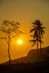 Sunset and the silhouette of hill trees