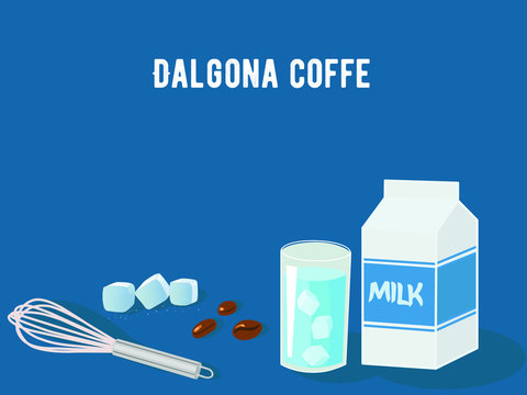 Dalgona coffee is a fluffy drink made by whipping in equal proportions instant coffee, sugar and hot water until it becomes creamy, and then adding it to cold or hot milk. Colored Vector Illustration.