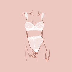 Basic RGBElegant attractive female body silhouette standing and wearing Sexy white Lace Lingerie. Hand drawn trendy Vector fashion illustration. Isolated on pink. Unique style. Modern design