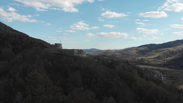 Castle in Beskids Mountains in spring. Village Rytro, Poland.