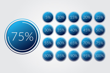 Percentage vector infographic icons set on transparent background. 5 10 15 20 25 30 35 40 45 50 55 60 65 70 75 80 85 90 95 100 percent isolated pie chart signs for business, web, download, progress