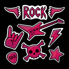 Stickers on the theme of rock: guitar, pick, skull, star, wings, lightning, rock sign. Kawaii illustration.
