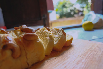Homemade bread with cashewnut. Homemade bakery on the wooden table.