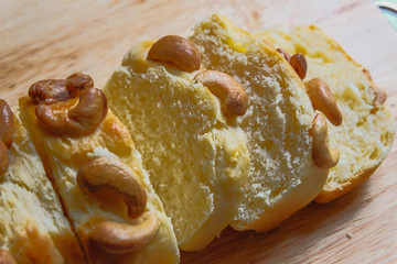 Homemade bread with cashewnut. Homemade bakery on the wooden table.