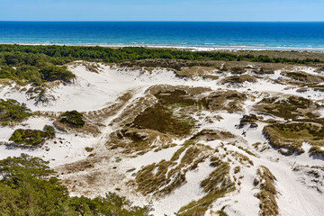 Baltic sea and sand dunes seen from Dueodde Lighthouse - the tallest Danish lighthouse, Bornholm island, Denmark