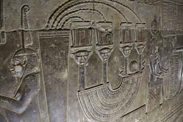 Mysterious murals on the walls of the Temple of Dendera Hathor , near the city of Ken