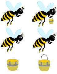 Cartoon bee. Cartoon cute bee pointing. Cute bee holding honey. Vector illustration isolated.