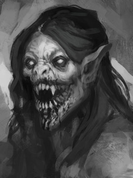 Digital painting of hissing vampire creature with glowing white eyes and long dark hair - digital fantasy illustration
