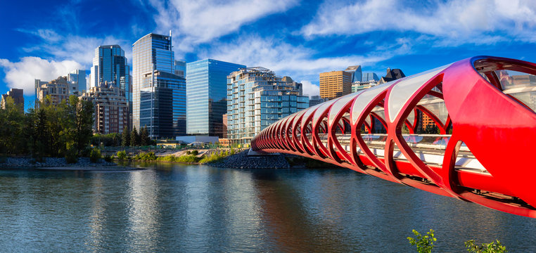 Peace Bridge across Bow River with Modern City Buildings in Background during a vibrant summer sunrise. Taken in Calgary, Alberta, Canada.