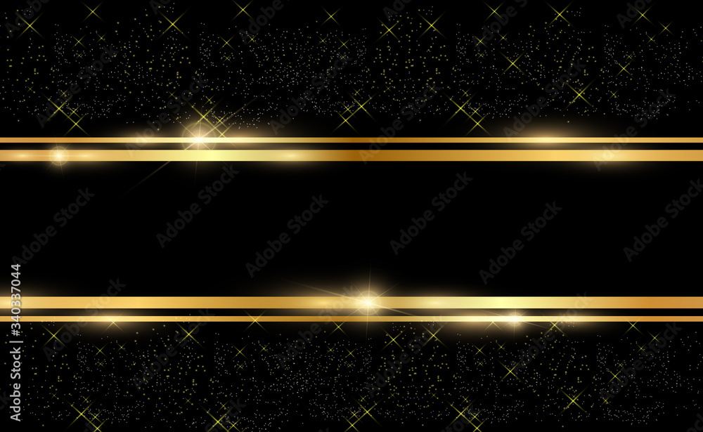 Poster gold glitter with shiny gold frame on a transparent black background. vector luxury golden backgroun