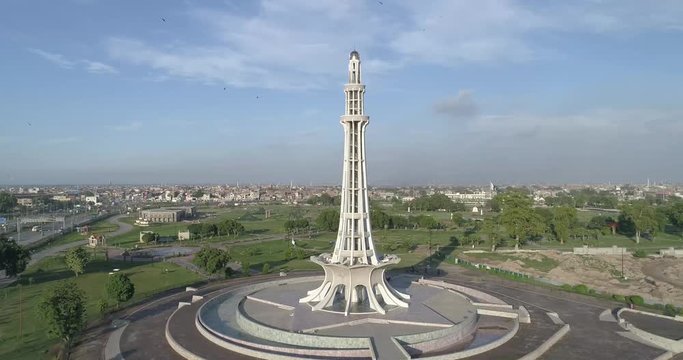 Minar e Pakistan aerial drone shot of the monumental landmark in Lahore,  Pakistan