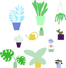 vector set of gardening tools, plants and pots 