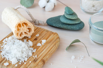 Beauty and fashion concept with spa setting. composition with Dead sea salt, coconut,  natural...