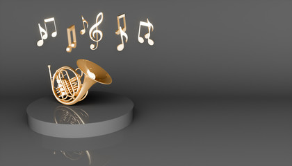 Golden French horn on a black background