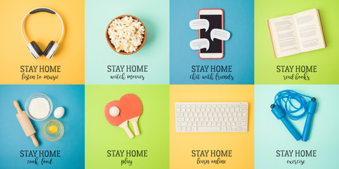 Stay at home concept for social media awareness and coronavirus prevention. Doing different activities at home concept.