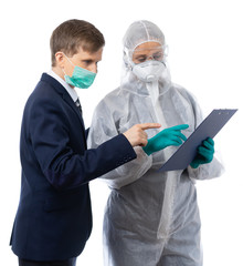 Fototapeta na wymiar A man in a business suit and a medic are considering something on a tablet in the midst of a pandemic and a global epidemic. Isolated on a white background.