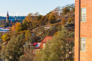 Facade of industrial building towards city of Molndal, Sweden.
