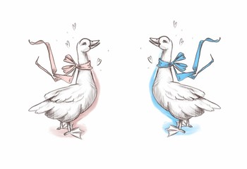 Cute goose duck bird sketch with pink and blue ribbon bow. Print for a t-shirt, poster, or souvenir