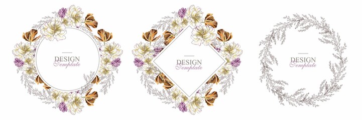 Flowers bouquet frames wreaths with peonies and roses and leaves. Space for text. White and lilac. For invitations wedding cards and postcards