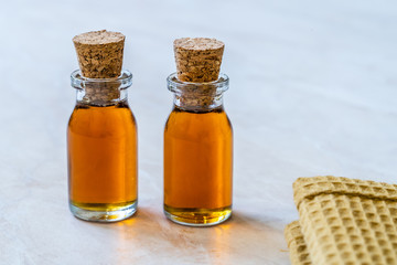 Homemade Organic Maple Syrup in Small Mini Glass Bottles with Corks