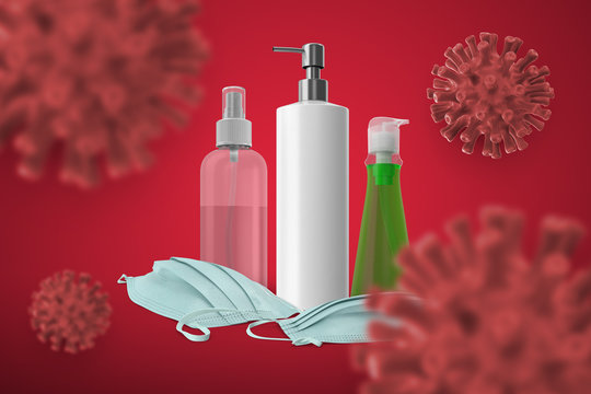 3D Render Disinfectants On Red Corona Virus Background.