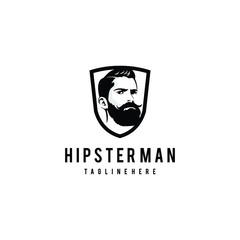 Hipster man logo design. Awesome hipster man logo. A man with shield & beard logotype.