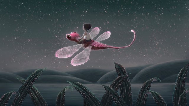 Painting of a boy riding red dragonfly in the night