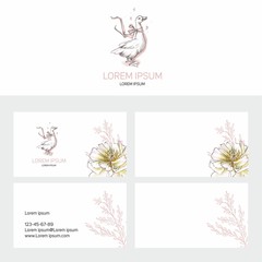 Business card with flowers on a white background and a logo with a bird. a minimalistic template. for beauty salon, Spa