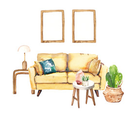 Watercolour hand painted home living room interior furniture illustration isolated on white background