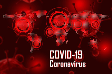3D illustration. global world map with group of virus cells, coronavirus 2019 outbreak (covid19), virus disease infection in red background, virus outbreak, medical technology, covid-19 concept