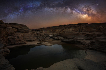 Fototapeta na wymiar Amazing of rocks, Natural of rock canyon in mekhong river in summer, Three thousand hole, Ubon Ratchathani province, North east Thailand,Stone mountain view with Milky way at the lake in thailand. 