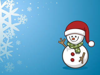 Waving and smiling snowman with a green scarf, a red Santa Claus hat, a carrot nose and red buttons isolated on a vibrant blue background with elegant snowflakes pattern on the side.