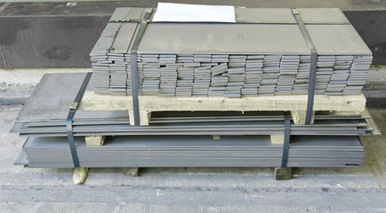 Steel sheet, steel plate, steel scrap in the floor in factory warehouse