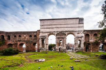 Porta Maggiore with the old aqueduct in Rome in Lazio, Italy