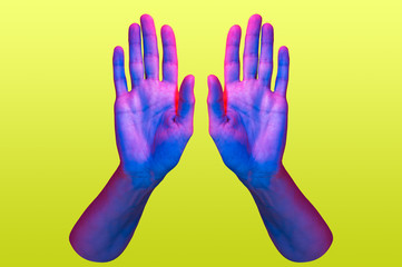 Two hand in a pop art collage style in neon bold colors. Modern psychedelic creative element with human palm for posters, banners, wallpaper. Copy space for text. Magazine style. Zine culture.