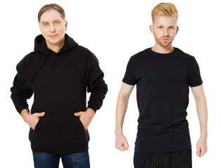 Black Hoody T-shirt mock up set isolated front view, man in black hoody and man in t shirt mockup set isolated on white background. Two guys in empty black hoodie and tshirt collage
