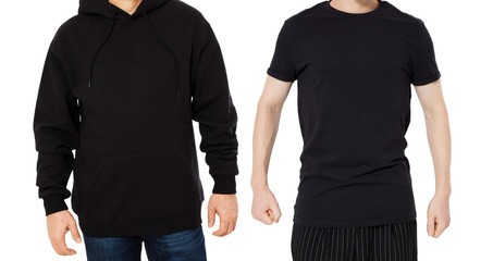 Black Hoody T-shirt mock up set isolated front view, man in black hoody and man in t shirt mockup set isolated on white background. Two guys in empty black hoodie and tshirt collage