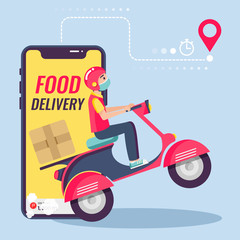 Online delivery service , online order tracking, delivery home and office. Scooter delivery. Shipping. Man on the bike with mask. Vector illustration