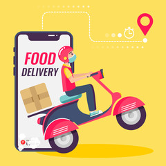 Online delivery service , online order tracking, delivery home and office. Scooter delivery. Shipping. Man on the bike with mask. Vector illustration