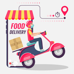 Online delivery service , online order tracking, delivery home and office. Scooter delivery. Shipping. Man on the bike with mask. Vector illustration